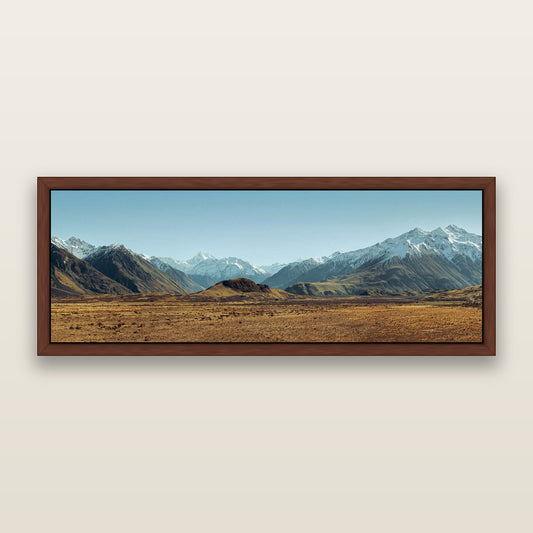 Edoras Unveiled, The Majesty of Mount Sunday — framed metallic canvas print, Brown frame. New Zealand fine art landscape wall art by Stephen Milner.