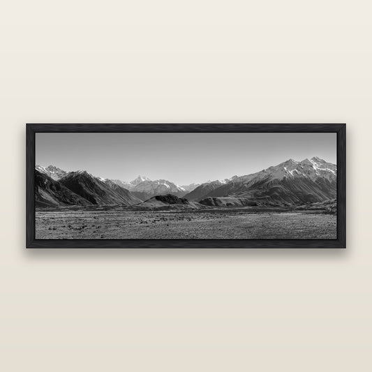 Edoras Unveiled, The Majesty of Mount Sunday, black and white framed metallic canvas print, Black frame. New Zealand fine art wall art by Stephen Milner.