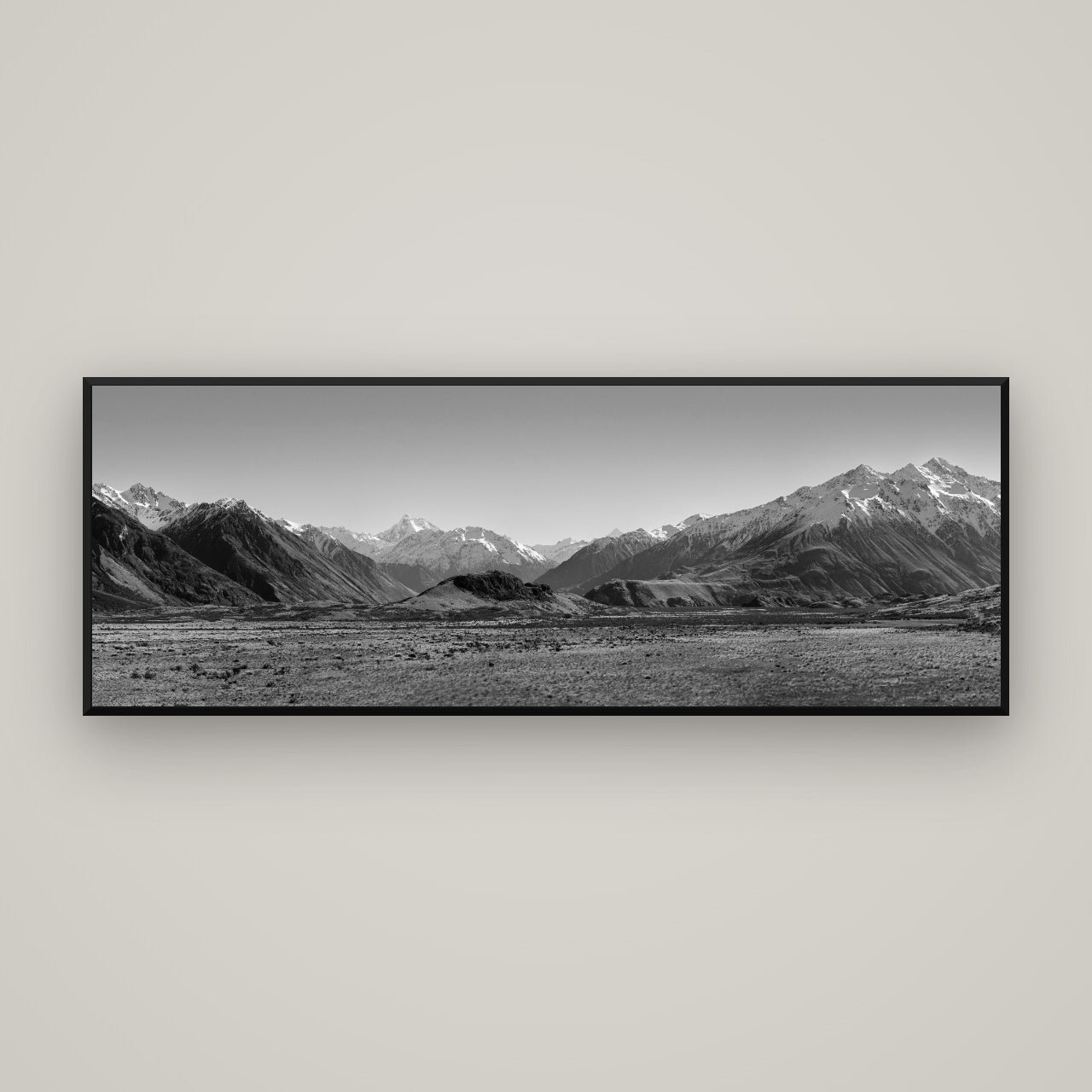 Edoras Unveiled, The Majesty of Mount Sunday — Basel Black, 170×60 cm. New Zealand fine art wall art by Stephen Milner.