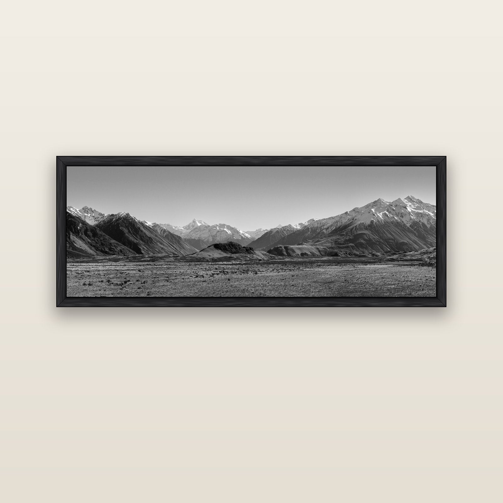 Edoras Unveiled, The Majesty of Mount Sunday — black float frame canvas, 152 × 56 cm. New Zealand fine art landscape wall art by Stephen Milner.