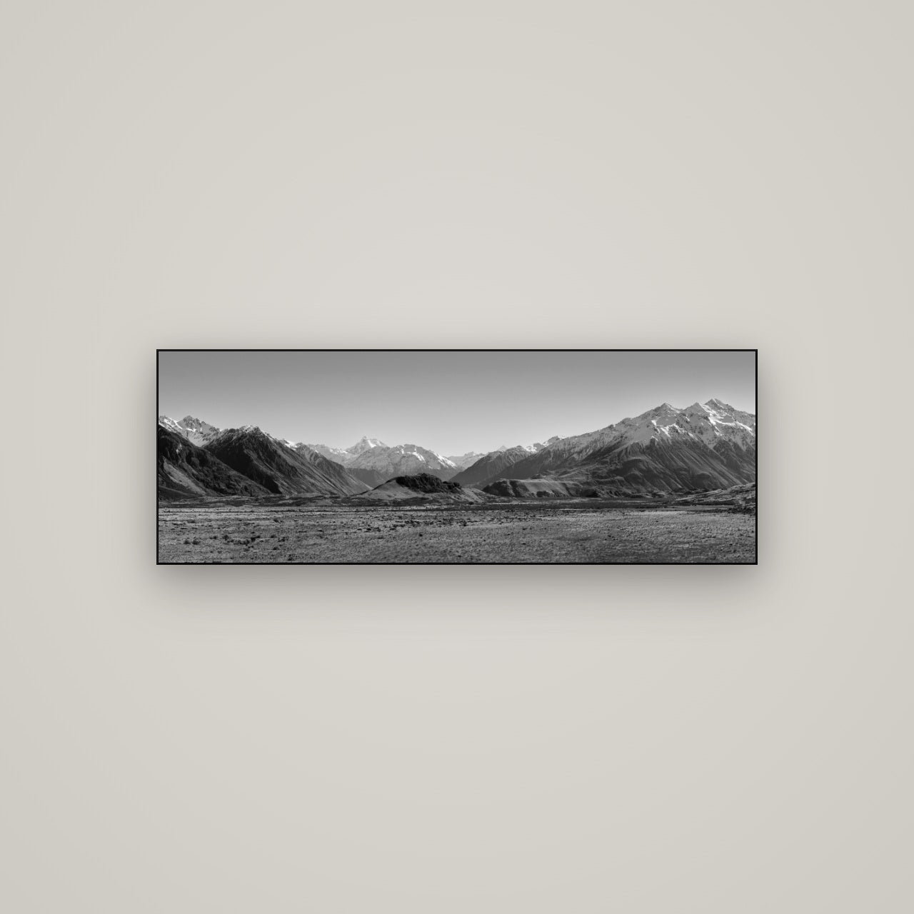 Edoras Unveiled, The Majesty of Mount Sunday — Slimline Black, 113×40 cm. New Zealand fine art wall art by Stephen Milner.