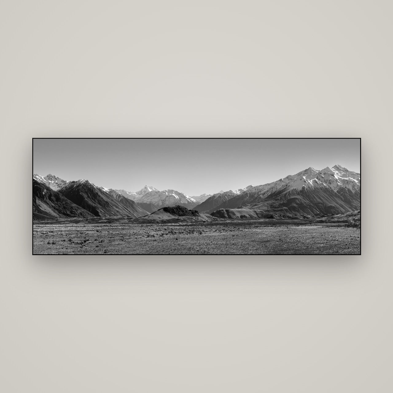 Edoras Unveiled, The Majesty of Mount Sunday — Slimline Black, 170×60 cm. New Zealand fine art wall art by Stephen Milner.
