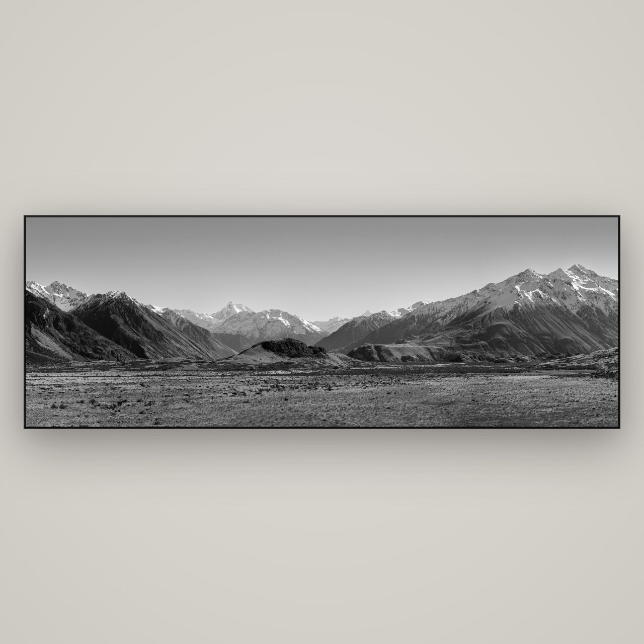 Edoras Unveiled, The Majesty of Mount Sunday — Slimline Black, 198×70 cm. New Zealand fine art wall art by Stephen Milner.