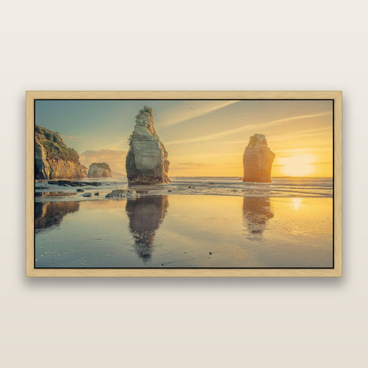 Elephant Rock, The Three Sisters — framed metallic canvas print, Natural frame. New Zealand fine art landscape wall art by Stephen Milner.