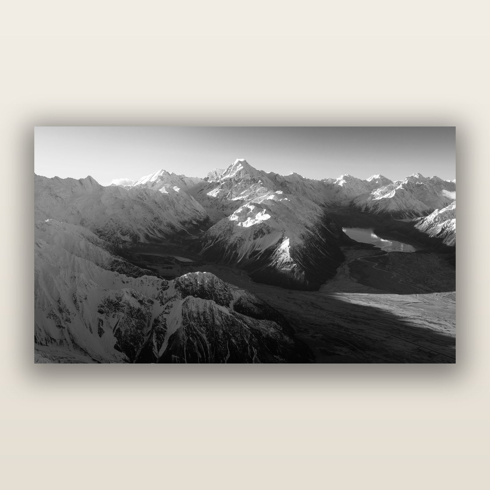 Elysian Heights, Mount Cook's Sunset Embrace, black and white frameless acrylic glass print. New Zealand fine art photography by Stephen Milner.