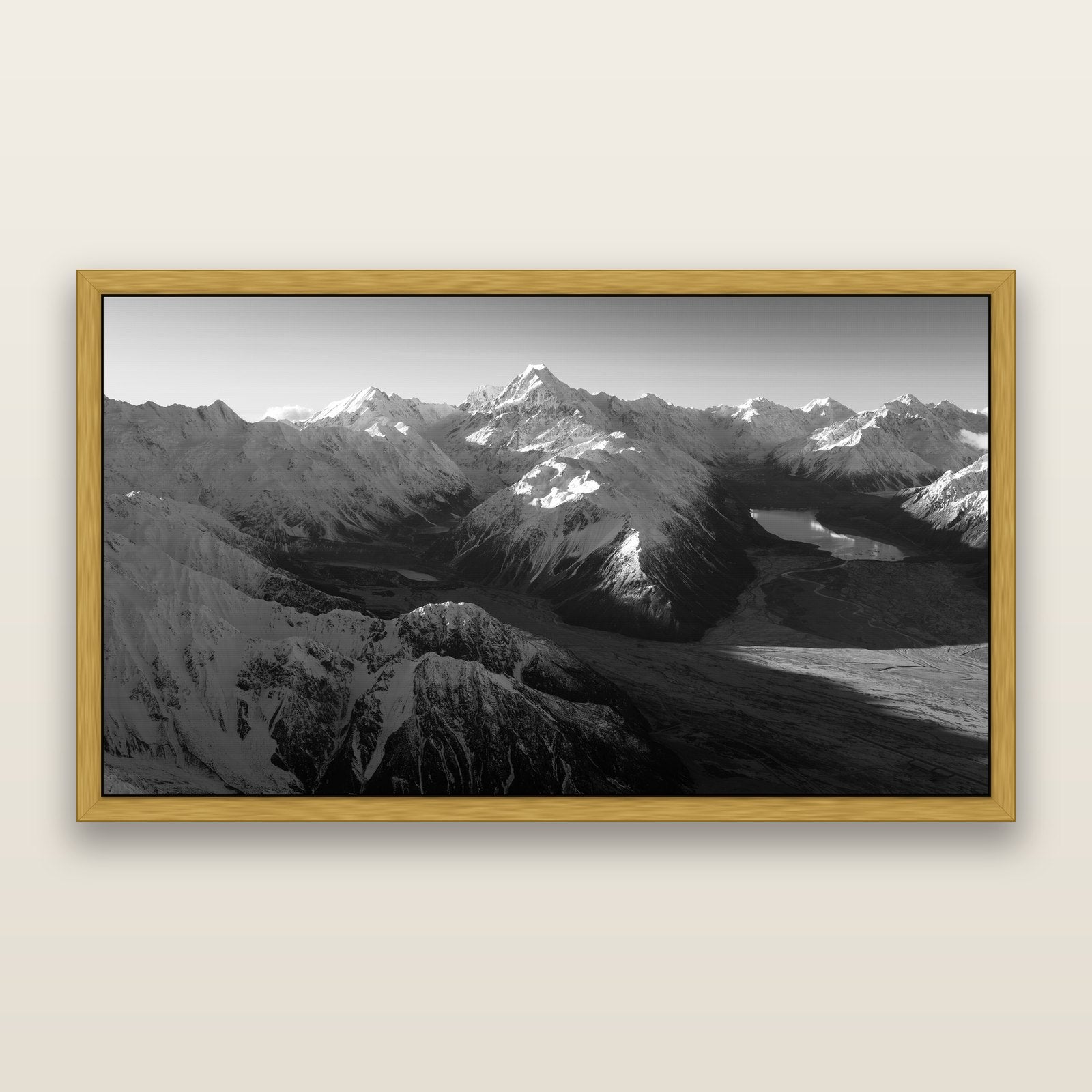 Elysian Heights, Mount Cook's Sunset Embrace, black and white framed metallic canvas print, Antique Gold frame. New Zealand fine art wall art by Stephen Milner.