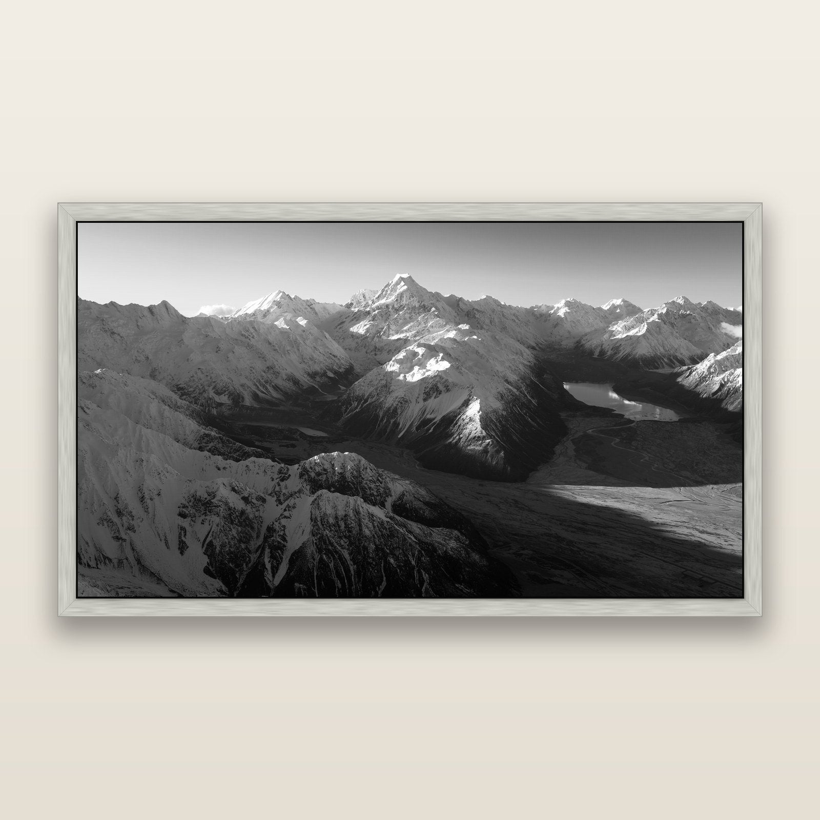 Elysian Heights, Mount Cook's Sunset Embrace, black and white framed metallic canvas print, Antique Silver frame. New Zealand fine art wall art by Stephen Milner.