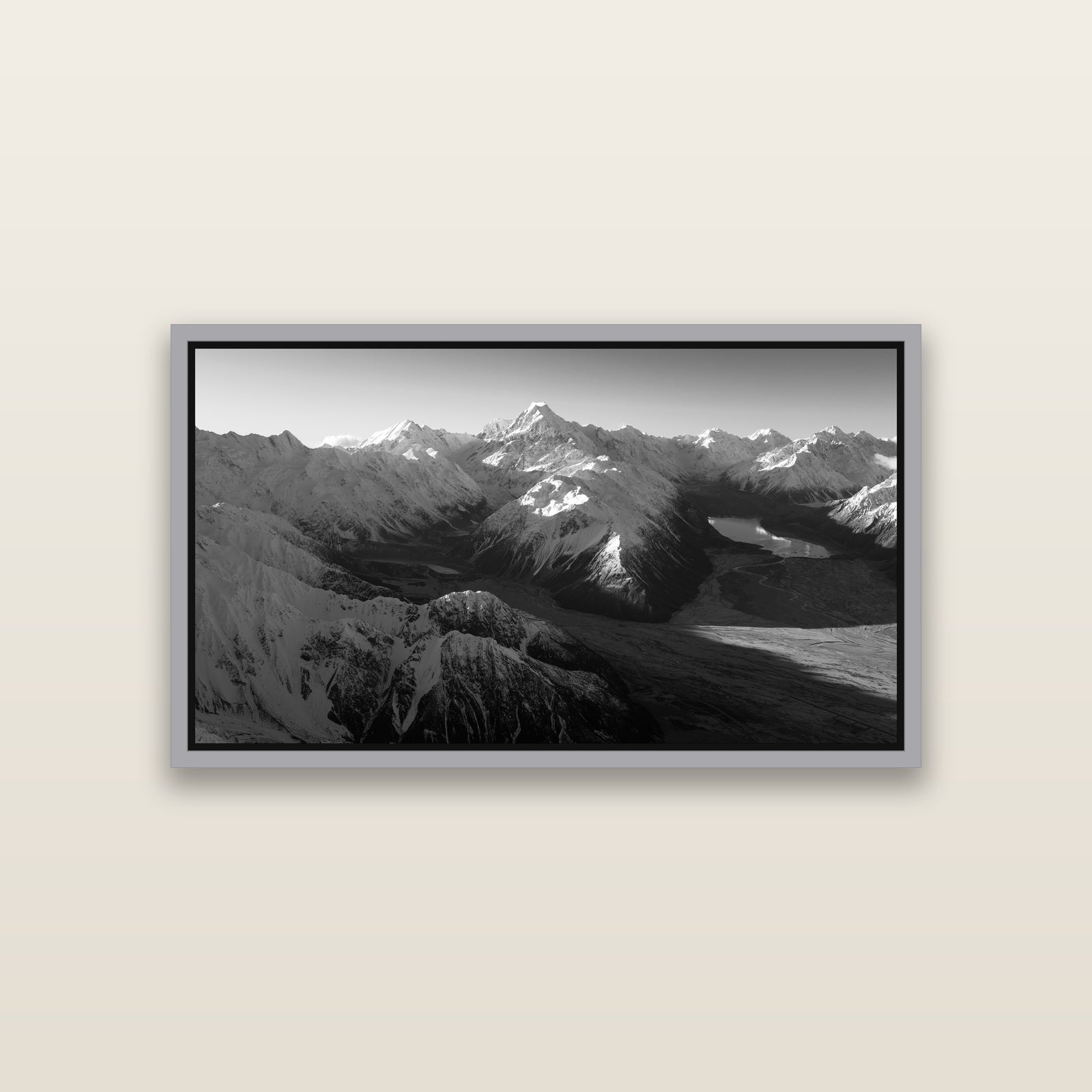 Elysian Heights, Mount Cook's Sunset Embrace — Antique Silver framed metallic canvas print, small 81 × 46 cm. New Zealand fine art landscape wall art by Stephen Milner.