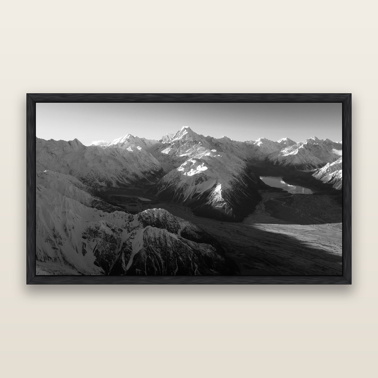 Elysian Heights, Mount Cook's Sunset Embrace, black and white framed metallic canvas print, Black frame. New Zealand fine art wall art by Stephen Milner.