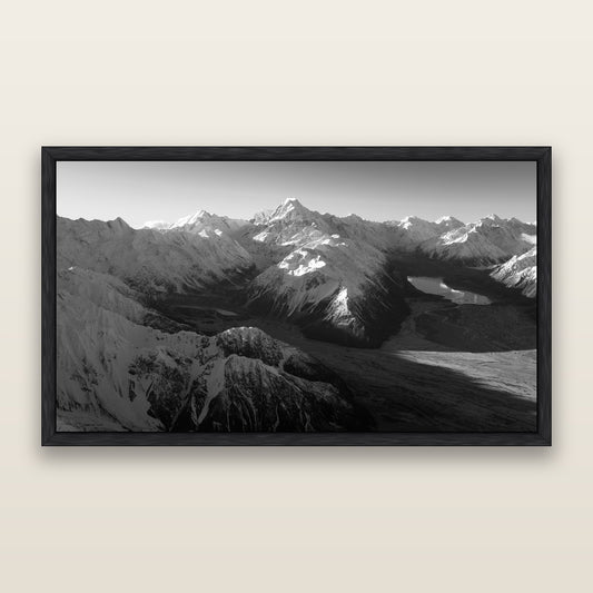 Elysian Heights, Mount Cook's Sunset Embrace, black and white framed metallic canvas print, Black frame. New Zealand fine art wall art by Stephen Milner.