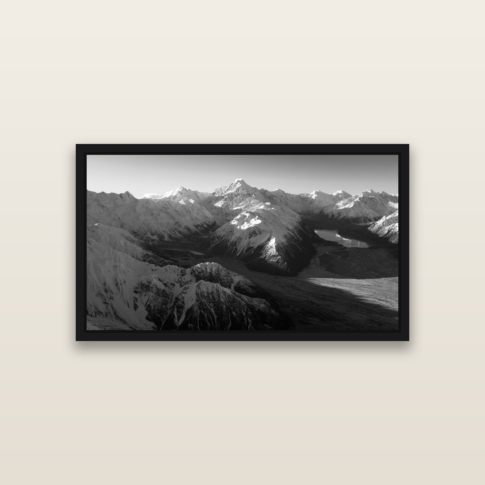 Elysian Heights, Mount Cook's Sunset Embrace — Black framed metallic canvas print, small 81 × 46 cm. New Zealand fine art landscape wall art by Stephen Milner.