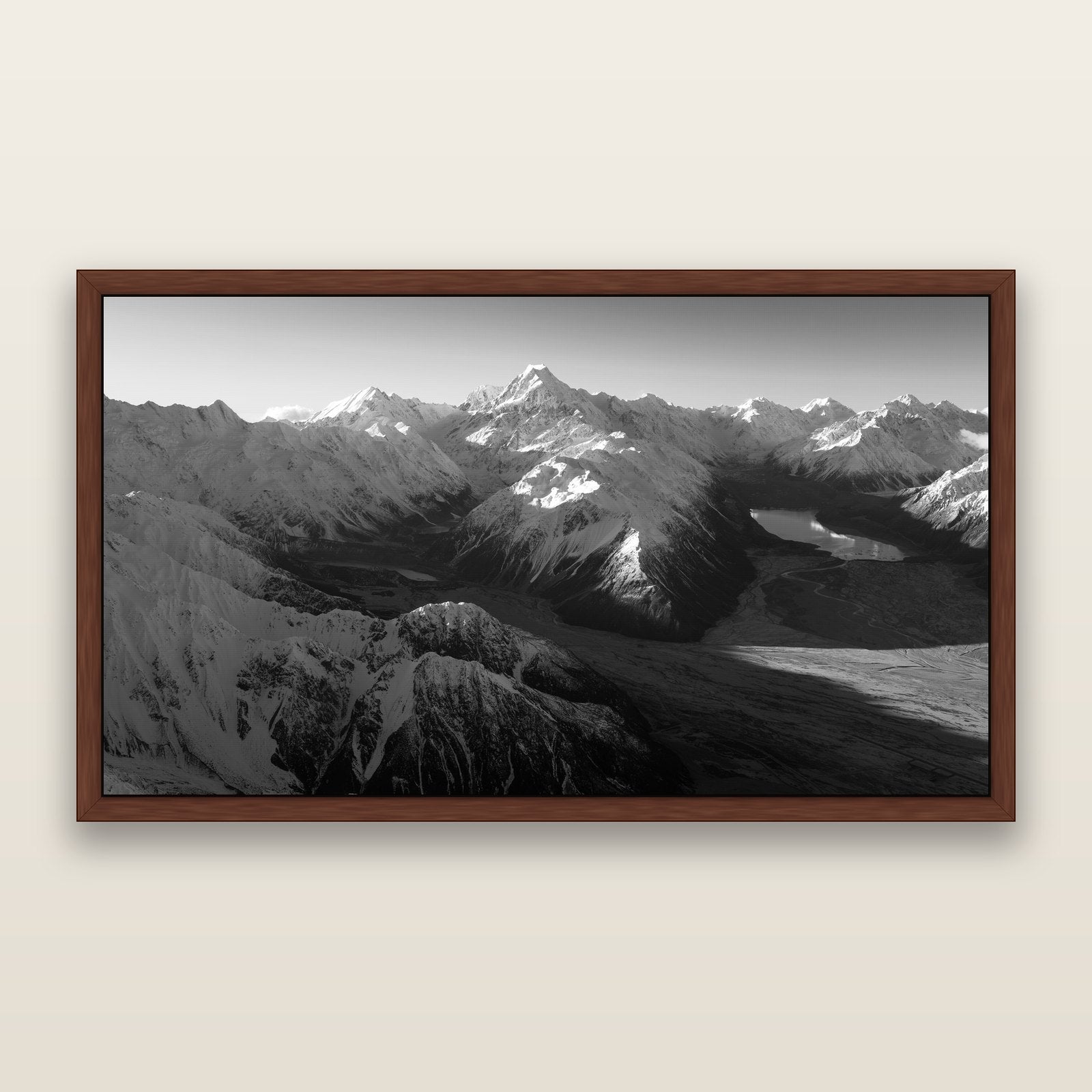Elysian Heights, Mount Cook's Sunset Embrace, black and white framed metallic canvas print, Brown frame. New Zealand fine art wall art by Stephen Milner.