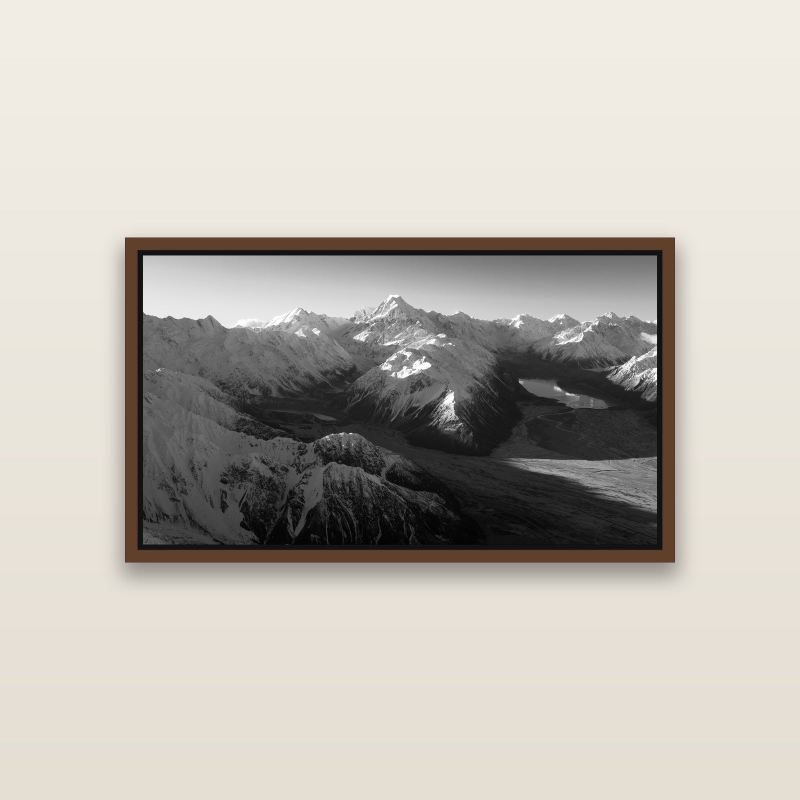 Elysian Heights, Mount Cook's Sunset Embrace — Brown framed metallic canvas print, small 81 × 46 cm. New Zealand fine art landscape wall art by Stephen Milner.