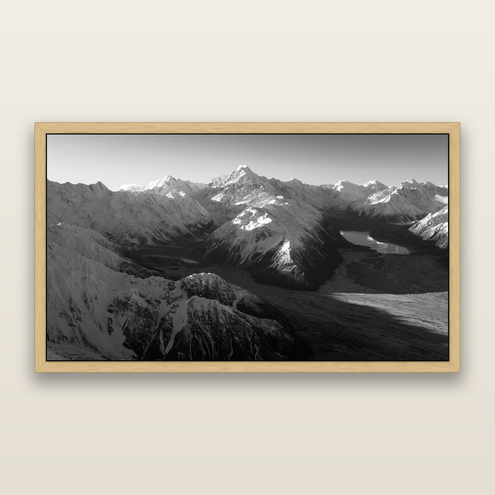 Elysian Heights, Mount Cook's Sunset Embrace, black and white framed metallic canvas print, Natural frame. New Zealand fine art wall art by Stephen Milner.