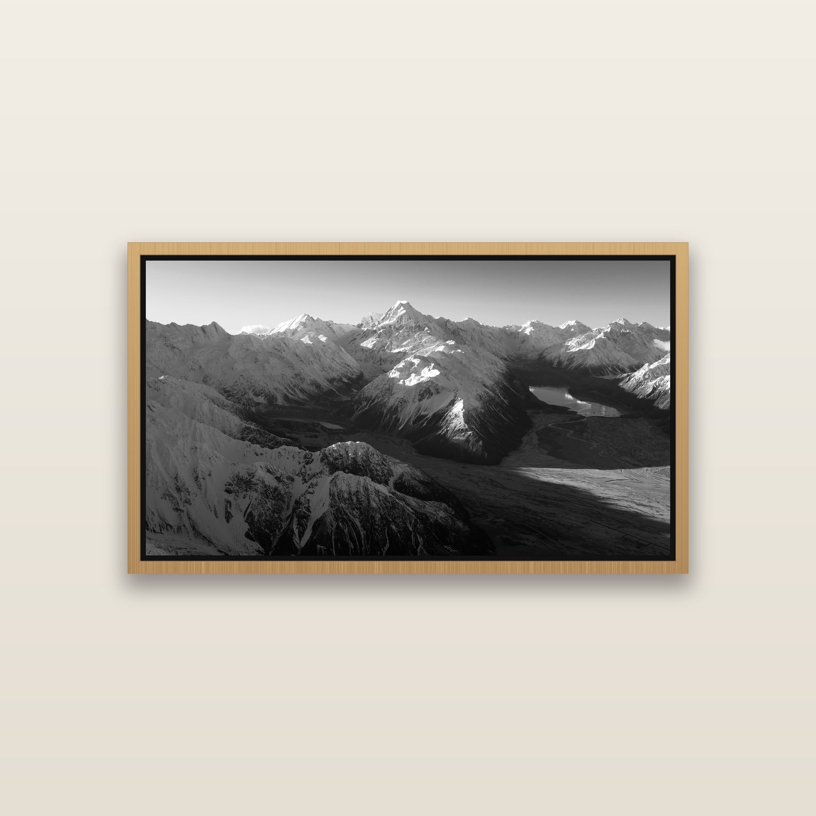 Elysian Heights, Mount Cook's Sunset Embrace — Natural framed metallic canvas print, small 81 × 46 cm. New Zealand fine art landscape wall art by Stephen Milner.