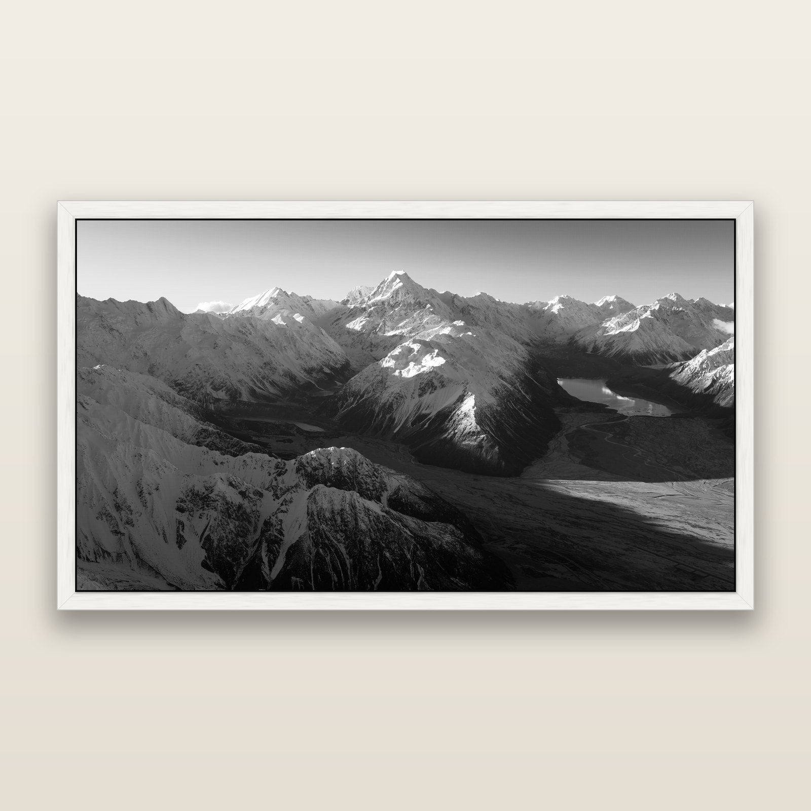 Elysian Heights, Mount Cook's Sunset Embrace, black and white framed metallic canvas print, White frame. New Zealand fine art wall art by Stephen Milner.