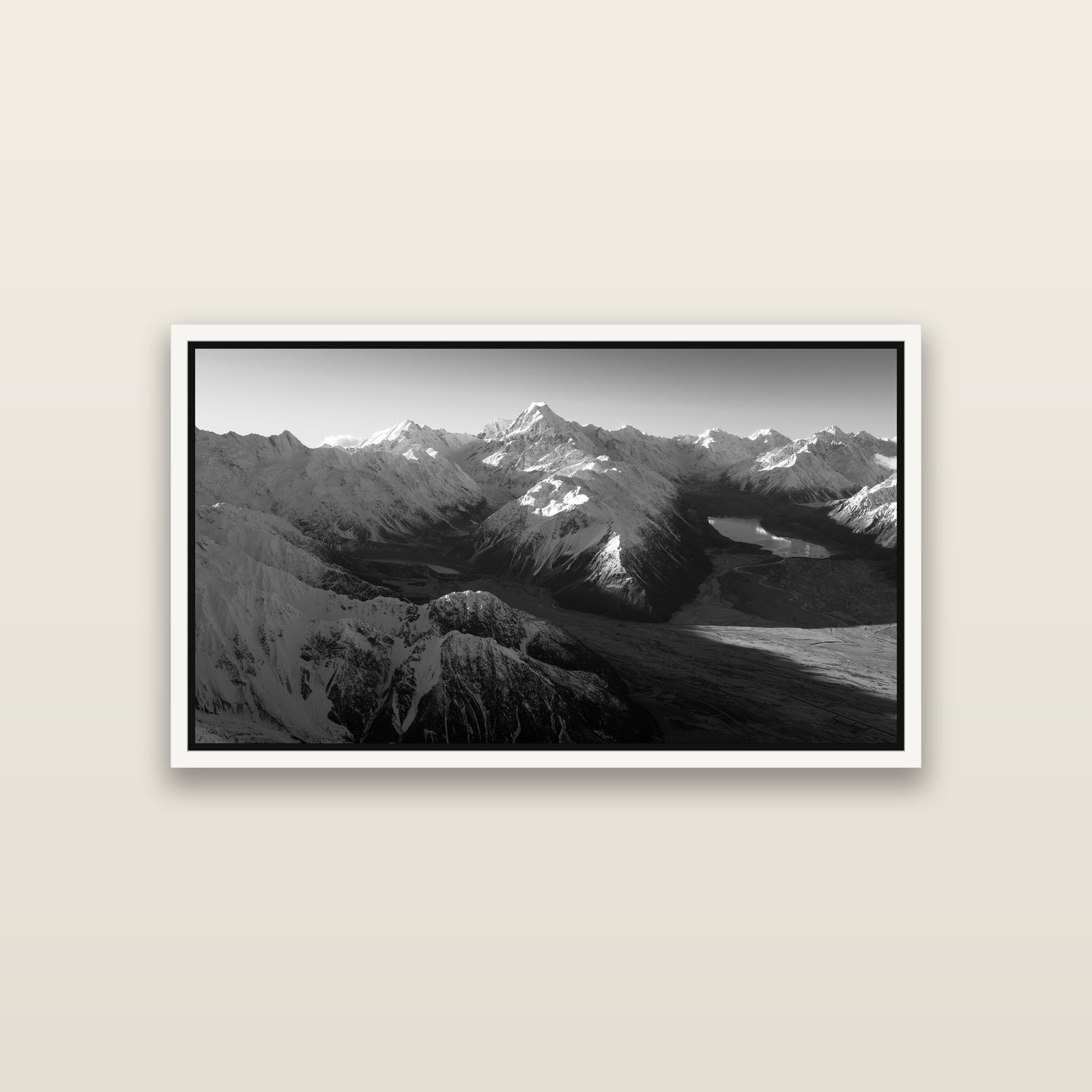 Elysian Heights, Mount Cook's Sunset Embrace — White framed metallic canvas print, small 81 × 46 cm. New Zealand fine art landscape wall art by Stephen Milner.