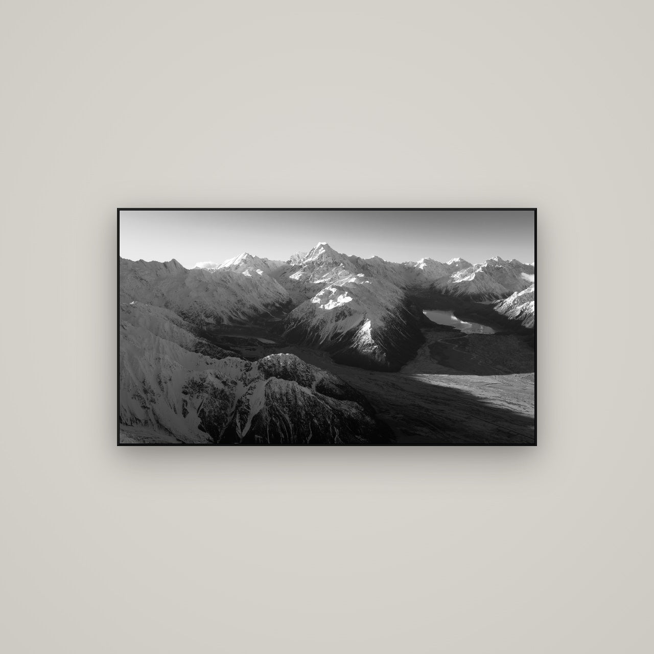 Elysian Heights, Mount Cook's Sunset Embrace — ArtBox Black, 107×60 cm. New Zealand fine art wall art by Stephen Milner.