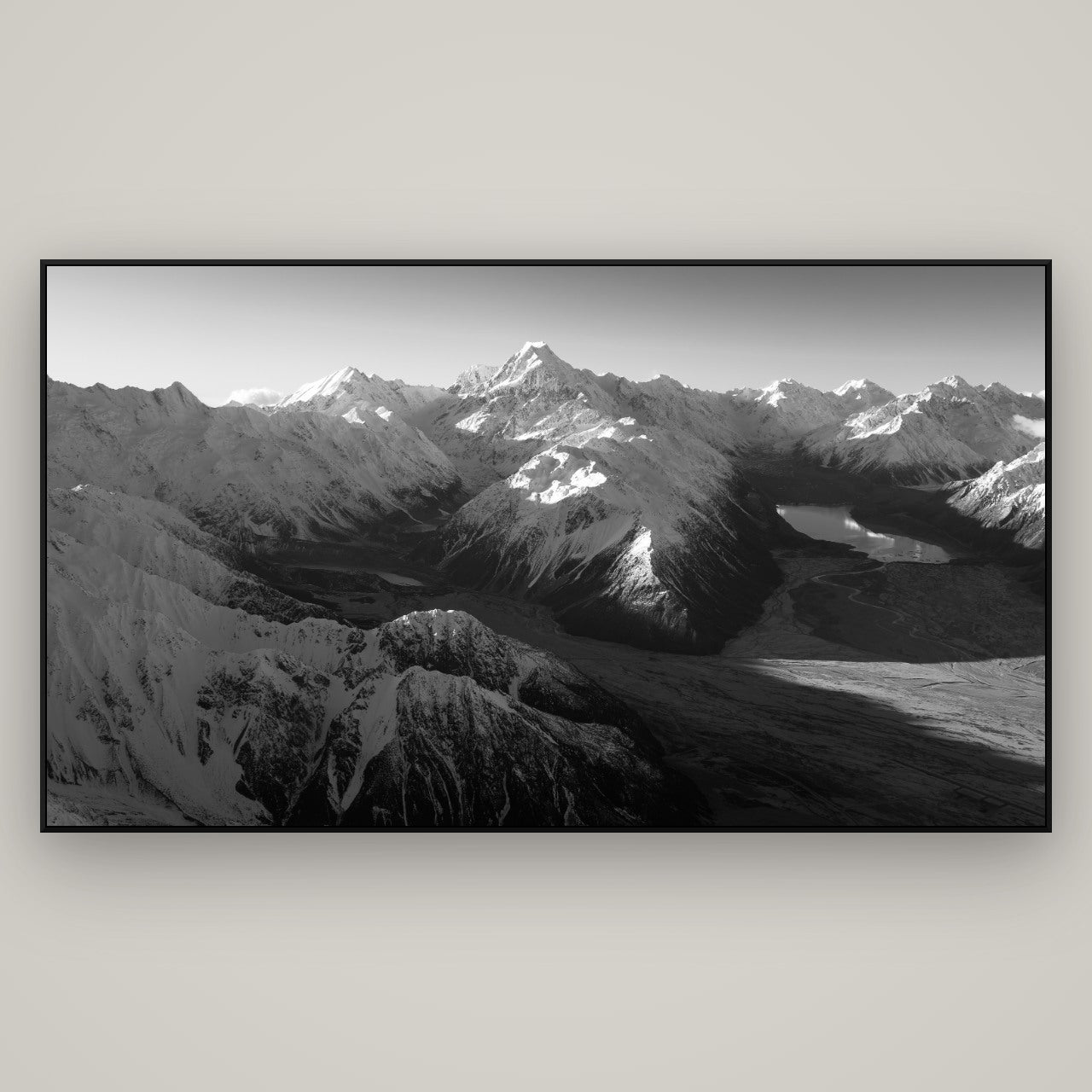 Elysian Heights, Mount Cook's Sunset Embrace — ArtBox Black, 196×110 cm. New Zealand fine art wall art by Stephen Milner.