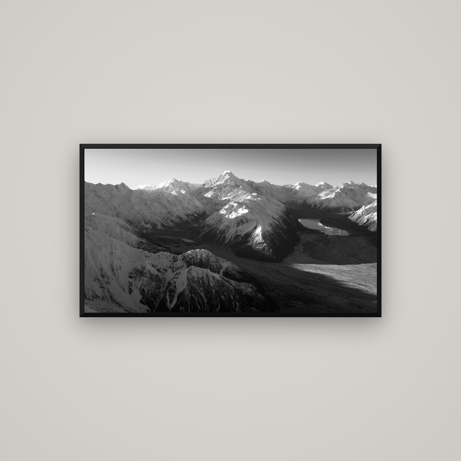 Elysian Heights, Mount Cook's Sunset Embrace — Basel Black Matte, 107×60 cm. New Zealand fine art wall art by Stephen Milner.