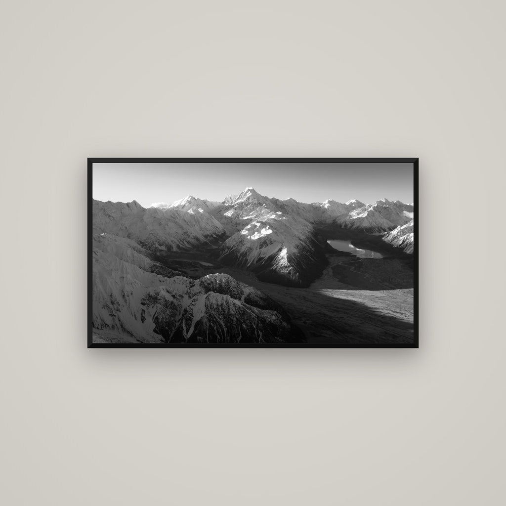 Elysian Heights, Mount Cook's Sunset Embrace — Basel Black Matte, 107×60 cm. New Zealand fine art wall art by Stephen Milner.