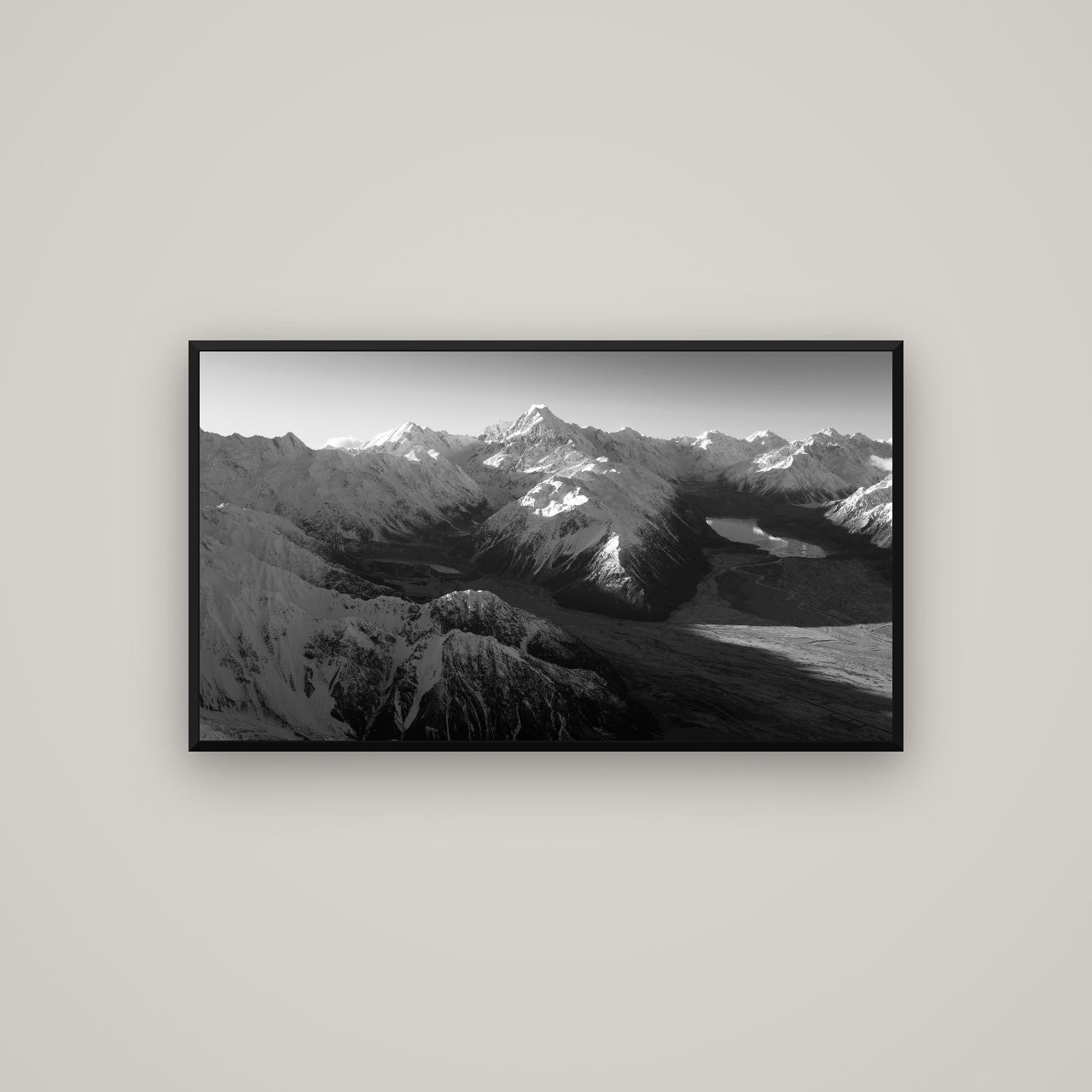Elysian Heights, Mount Cook's Sunset Embrace — Basel Black, 107×60 cm. New Zealand fine art wall art by Stephen Milner.