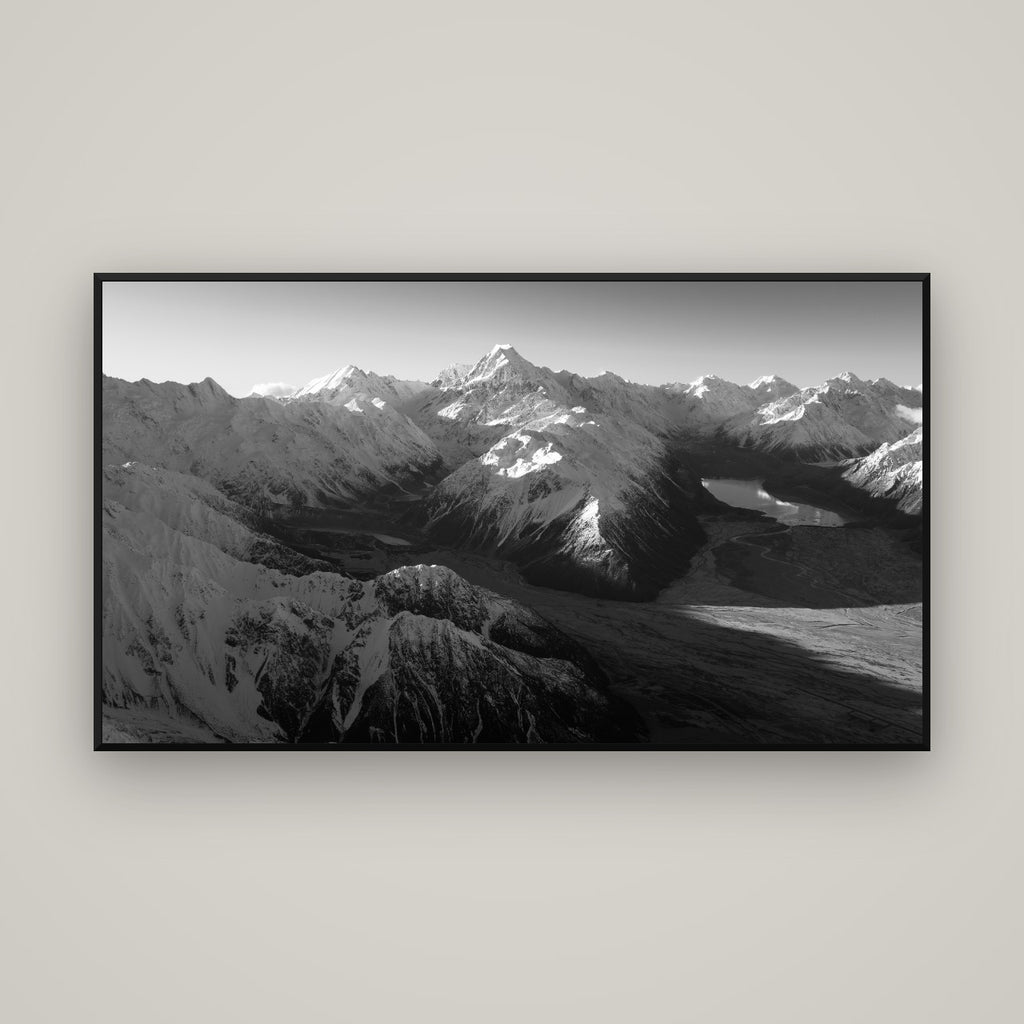 Elysian Heights, Mount Cook's Sunset Embrace — Basel Black Matte, 160×90 cm. New Zealand fine art wall art by Stephen Milner.