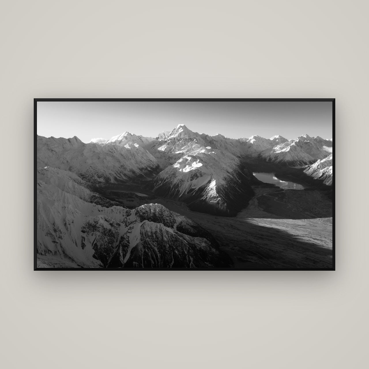 Elysian Heights, Mount Cook's Sunset Embrace — Basel Black, 160×90 cm. New Zealand fine art wall art by Stephen Milner.