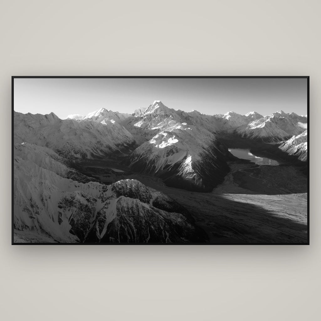 Elysian Heights, Mount Cook's Sunset Embrace — Basel Black Matte, 196×110 cm. New Zealand fine art wall art by Stephen Milner.