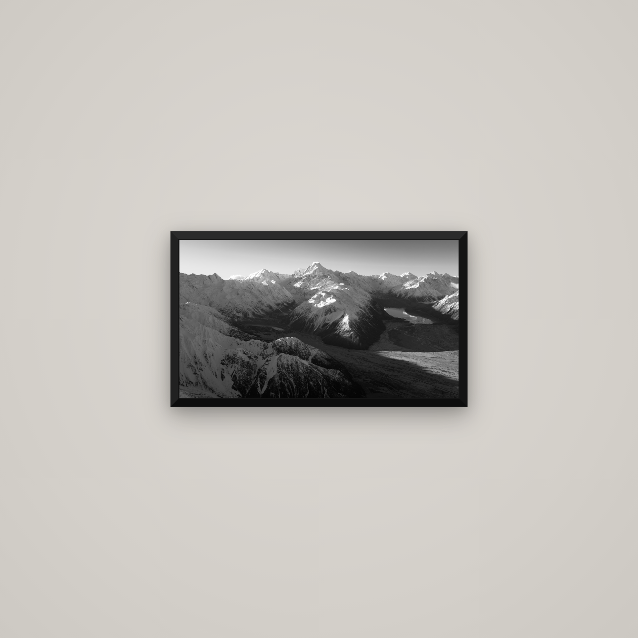 Elysian Heights, Mount Cook's Sunset Embrace — Basel Black Matte, 53×30 cm. New Zealand fine art wall art by Stephen Milner.