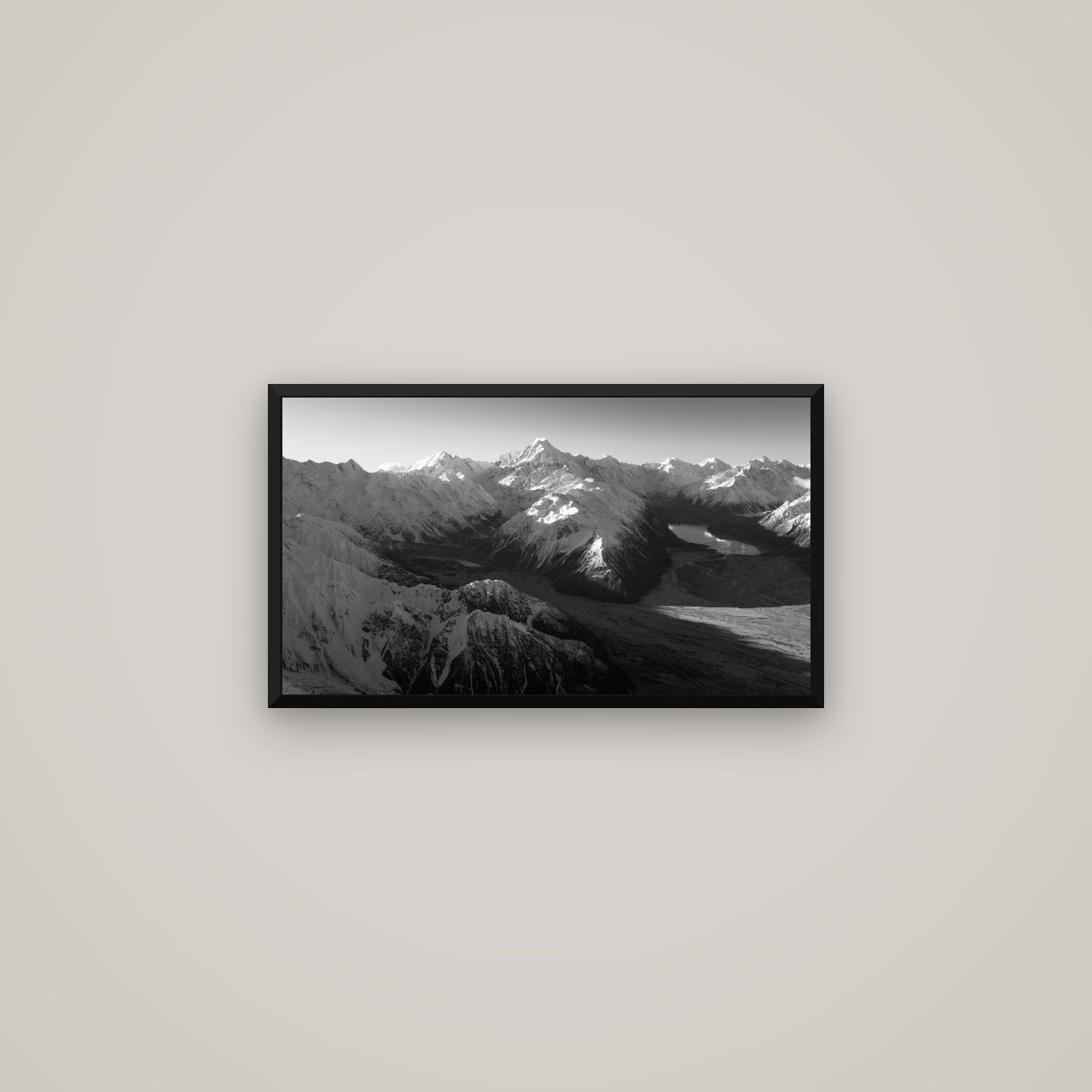 Elysian Heights, Mount Cook's Sunset Embrace — Basel Black Matte, 64×36 cm. New Zealand fine art wall art by Stephen Milner.
