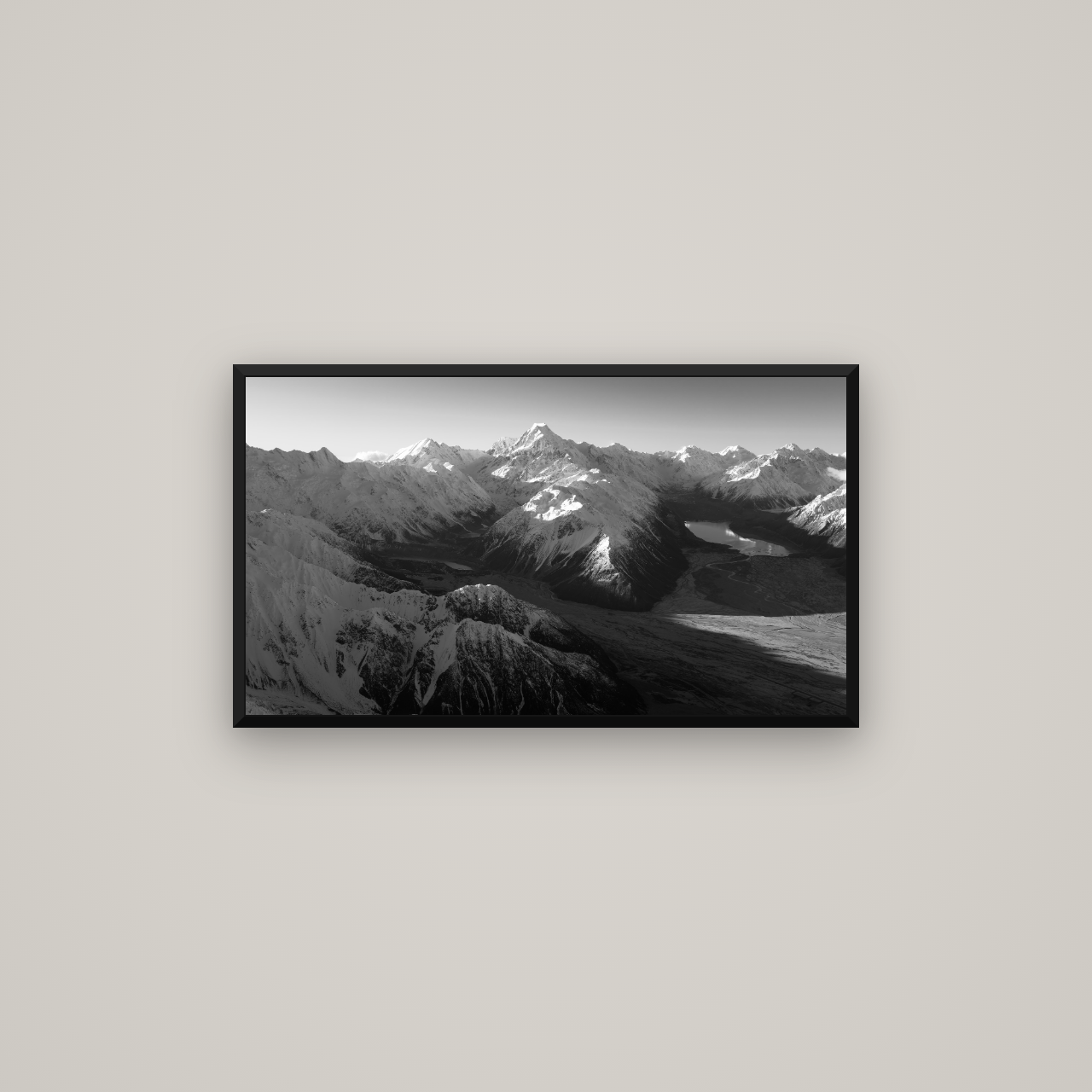 Elysian Heights, Mount Cook's Sunset Embrace — Basel Black Matte, 80×45 cm. New Zealand fine art wall art by Stephen Milner.