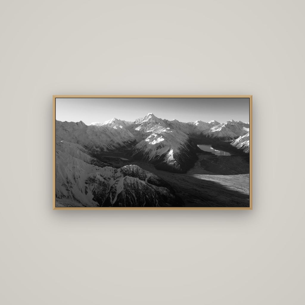 Elysian Heights, Mount Cook's Sunset Embrace, Basel Natural Oak, 107×60 cm. New Zealand fine art wall art by Stephen Milner.