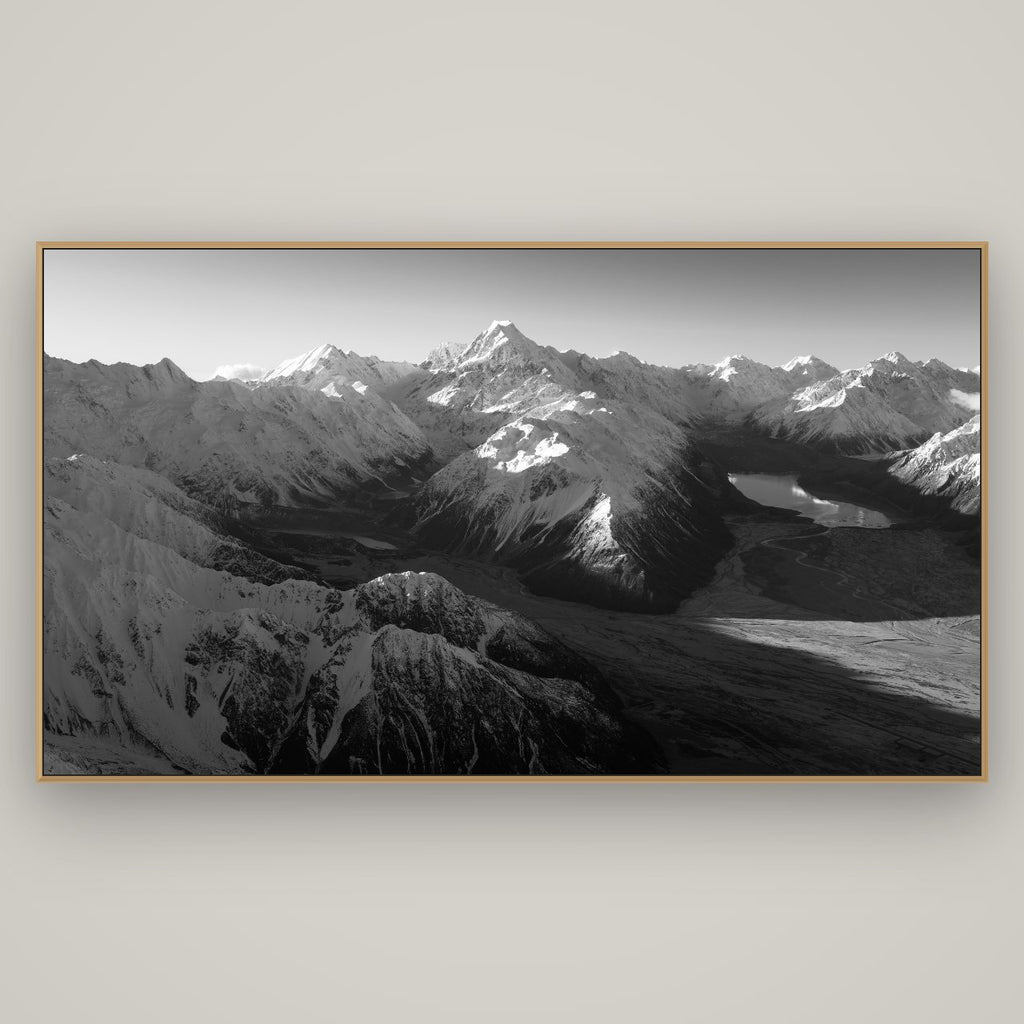 Elysian Heights, Mount Cook's Sunset Embrace, Basel Natural Oak, 196×110 cm. New Zealand fine art wall art by Stephen Milner.