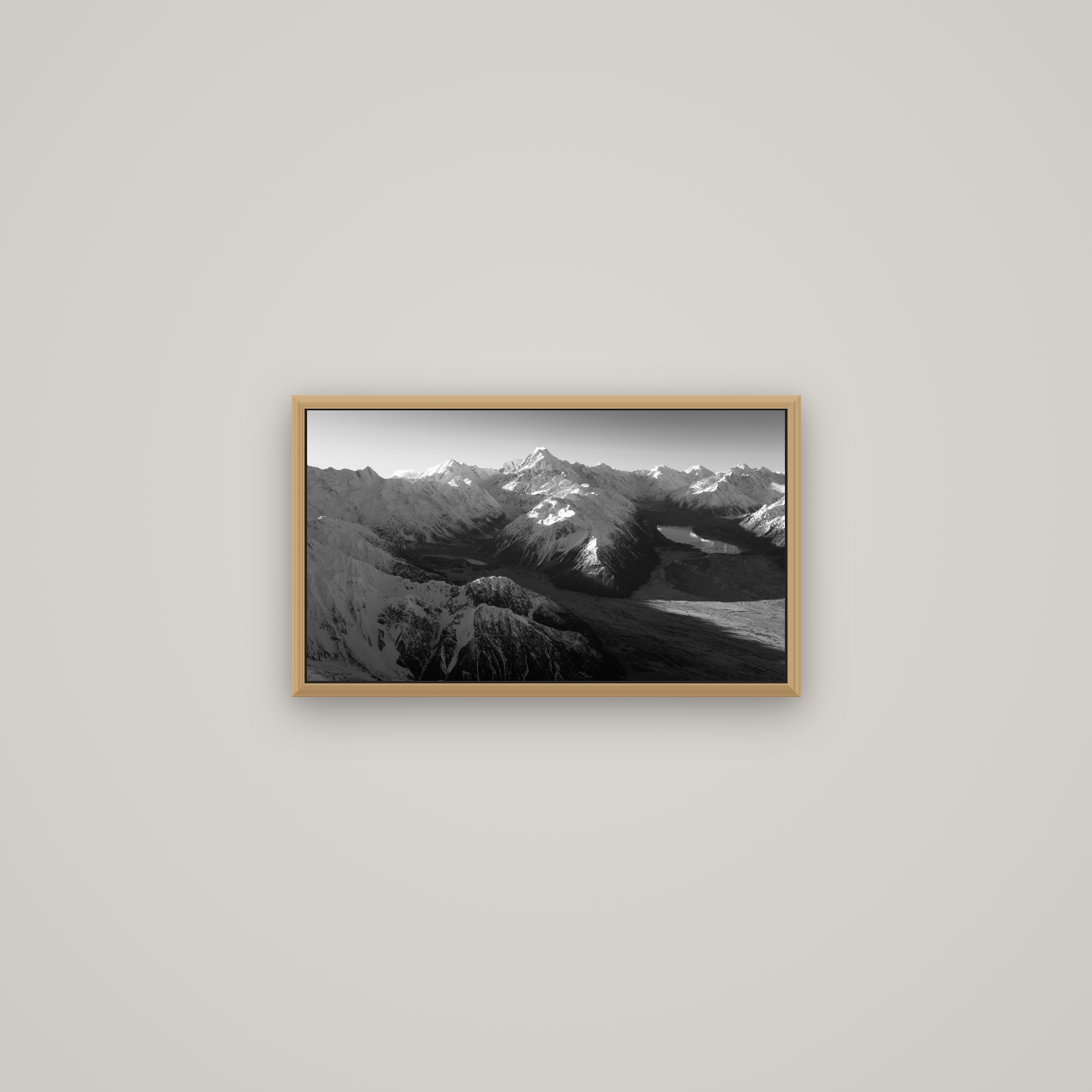 Elysian Heights, Mount Cook's Sunset Embrace, Basel Natural Oak, 53×30 cm. New Zealand fine art wall art by Stephen Milner.