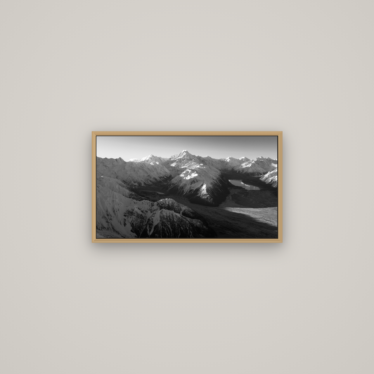 Elysian Heights, Mount Cook's Sunset Embrace, Basel Natural Oak, 64×36 cm. New Zealand fine art wall art by Stephen Milner.
