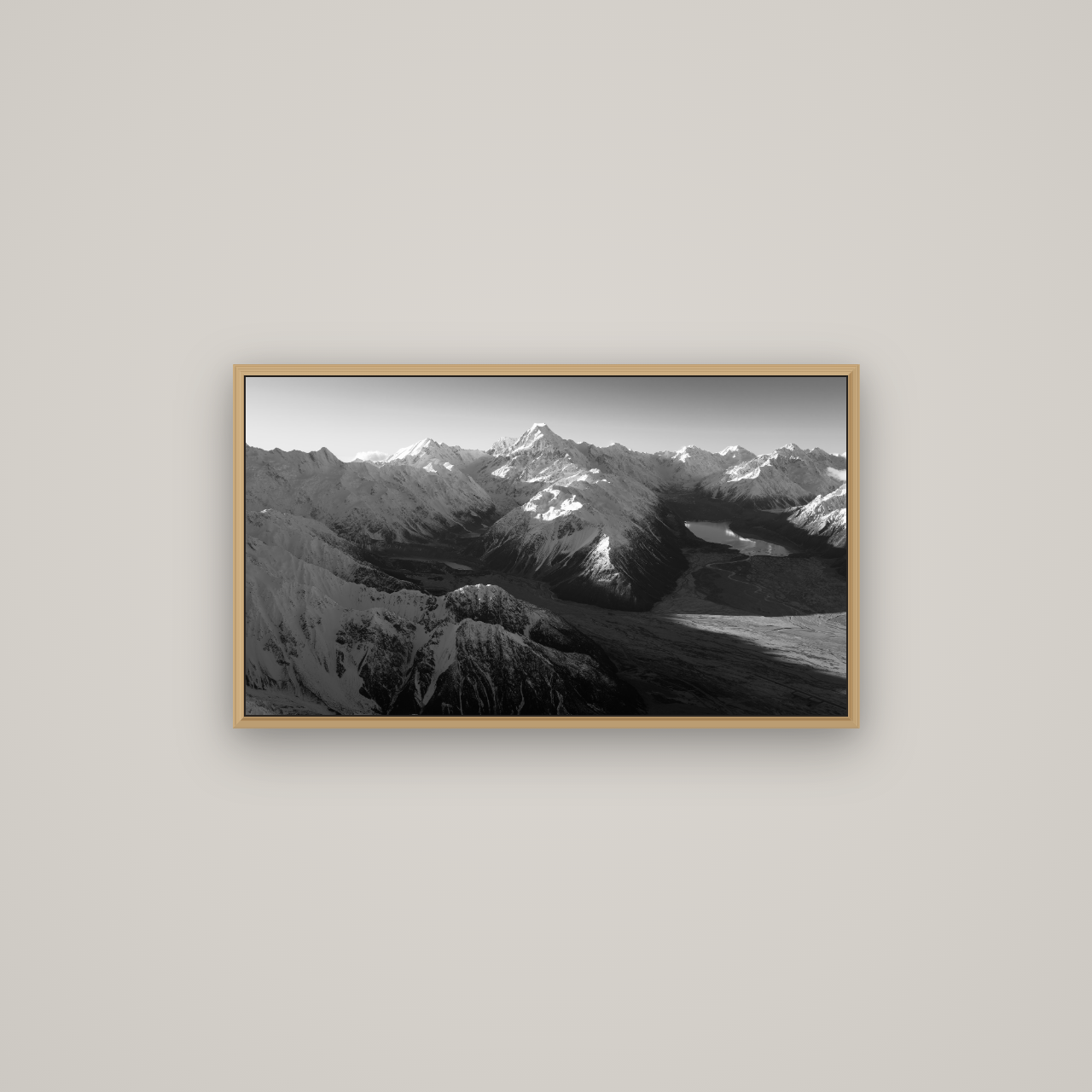 Elysian Heights, Mount Cook's Sunset Embrace, Basel Natural Oak, 80×45 cm. New Zealand fine art wall art by Stephen Milner.