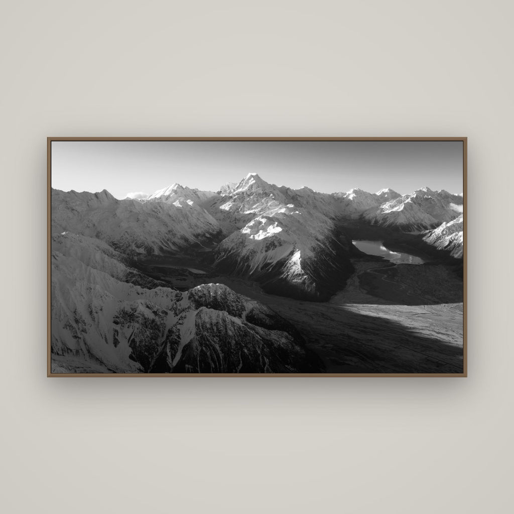 Elysian Heights, Mount Cook's Sunset Embrace, Basel Walnut, 160×90 cm. New Zealand fine art wall art by Stephen Milner.