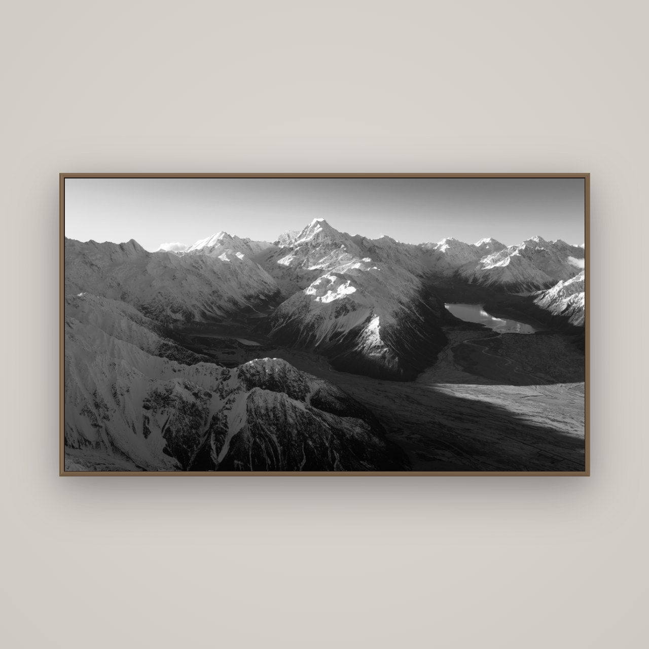 Elysian Heights, Mount Cook's Sunset Embrace, Basel Walnut, 160×90 cm. New Zealand fine art wall art by Stephen Milner.