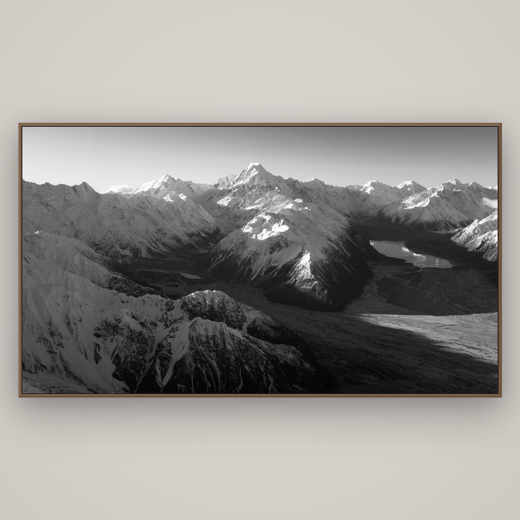 Elysian Heights, Mount Cook's Sunset Embrace, Basel Walnut, 196×110 cm. New Zealand fine art wall art by Stephen Milner.
