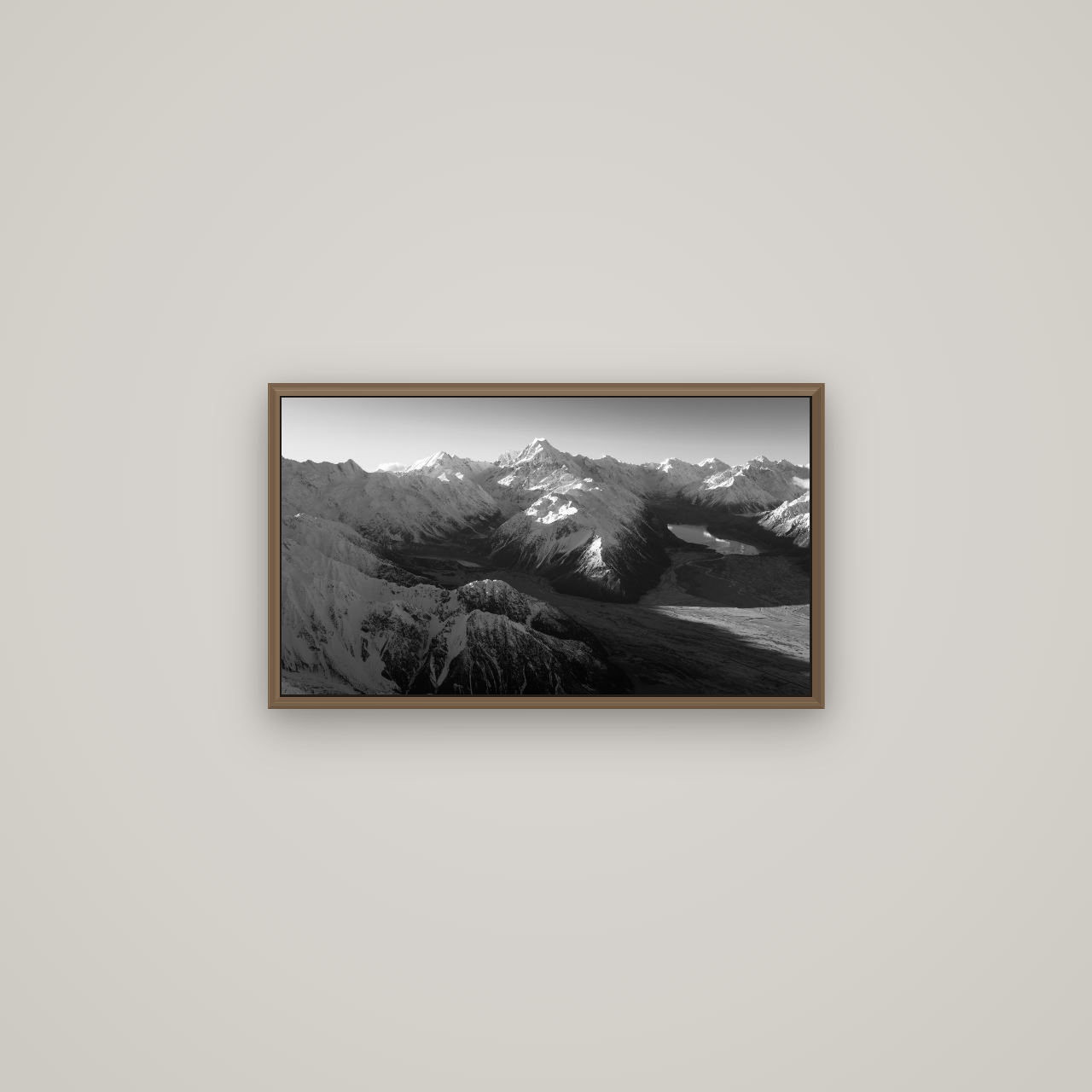 Elysian Heights, Mount Cook's Sunset Embrace, Basel Walnut, 64×36 cm. New Zealand fine art wall art by Stephen Milner.