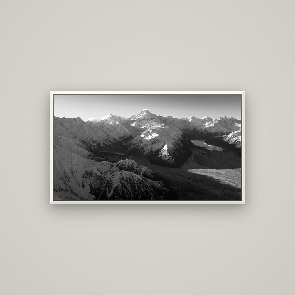 Elysian Heights, Mount Cook's Sunset Embrace — Basel White, 107×60 cm. New Zealand fine art wall art by Stephen Milner.