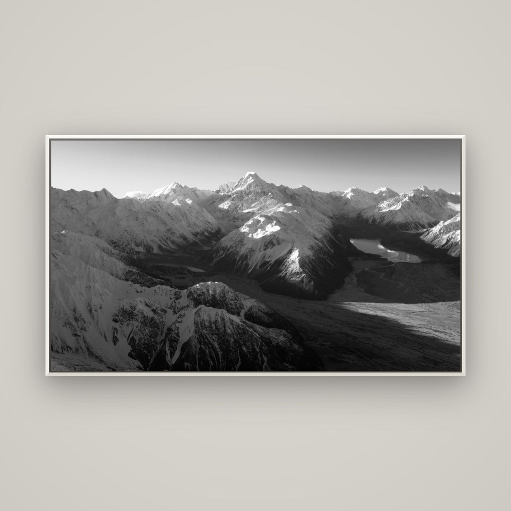 Elysian Heights, Mount Cook's Sunset Embrace — Basel White, 160×90 cm. New Zealand fine art wall art by Stephen Milner.
