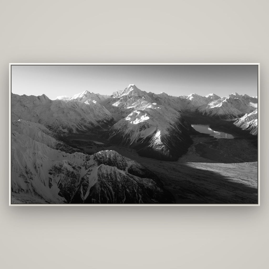 Elysian Heights, Mount Cook's Sunset Embrace — Basel White, 196×110 cm. New Zealand fine art wall art by Stephen Milner.