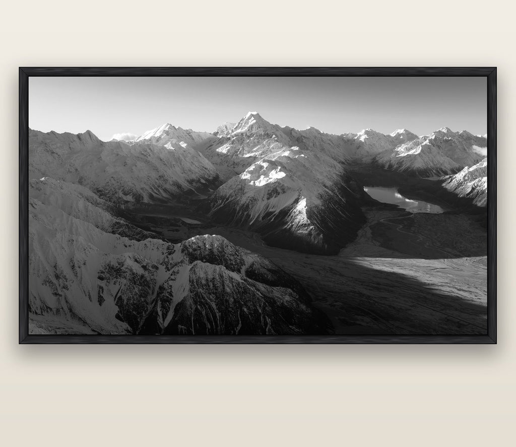 Elysian Heights, Mount Cook's Sunset Embrace — black float frame canvas, 200 × 130 cm. New Zealand fine art landscape wall art by Stephen Milner.