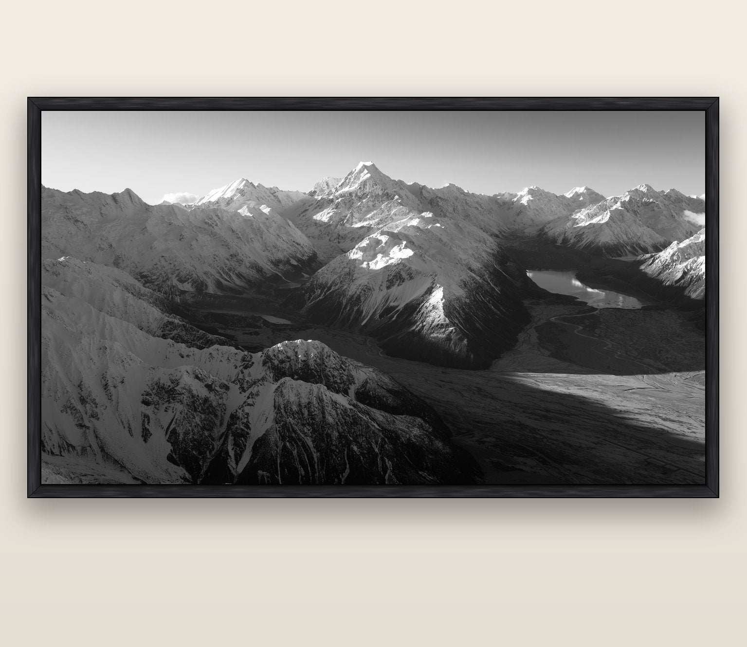 Elysian Heights, Mount Cook's Sunset Embrace — black float frame canvas, 200 × 130 cm. New Zealand fine art landscape wall art by Stephen Milner.