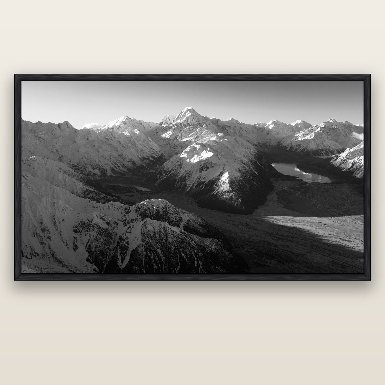 Elysian Heights, Mount Cook's Sunset Embrace — black float frame canvas, 200 × 130 cm. New Zealand fine art landscape wall art by Stephen Milner.