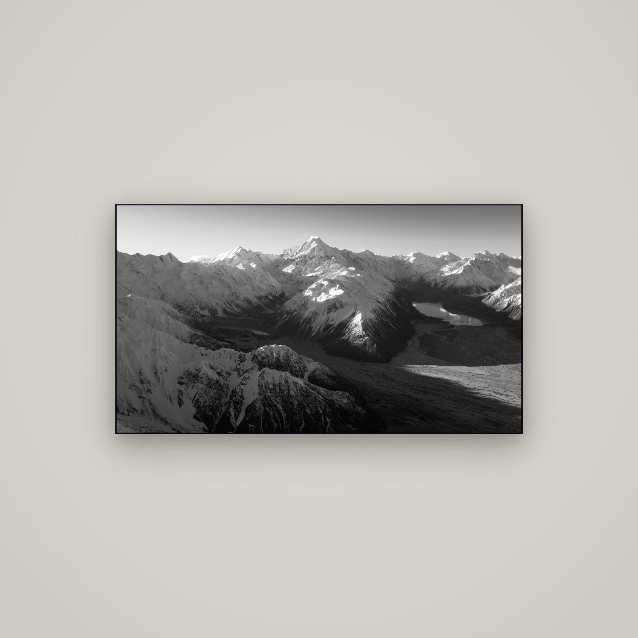 Elysian Heights, Mount Cook's Sunset Embrace — Slimline Black, 107×60 cm. New Zealand fine art wall art by Stephen Milner.