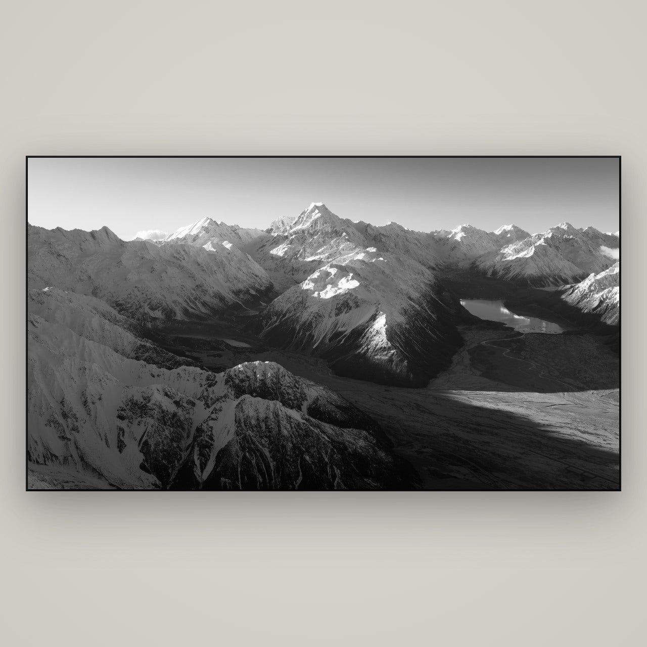 Elysian Heights, Mount Cook's Sunset Embrace — Slimline Black, 196×110 cm. New Zealand fine art wall art by Stephen Milner.