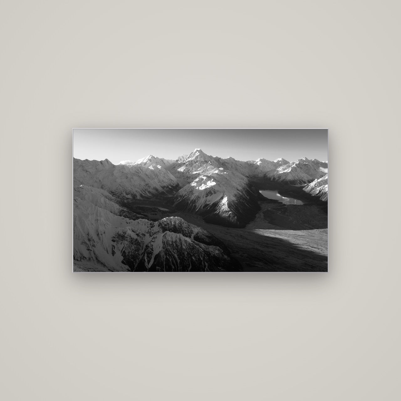 Elysian Heights, Mount Cook's Sunset Embrace — Slimline Silver, 107×60 cm. New Zealand fine art wall art by Stephen Milner.